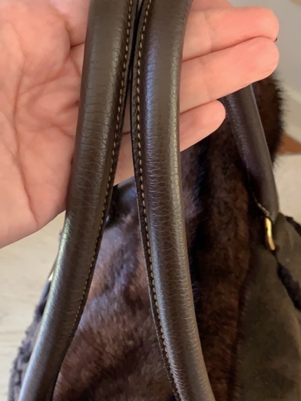 Prada Brown Suede Tote with Mink Fur Trim and Gold Hardware - Picture 5 of 15